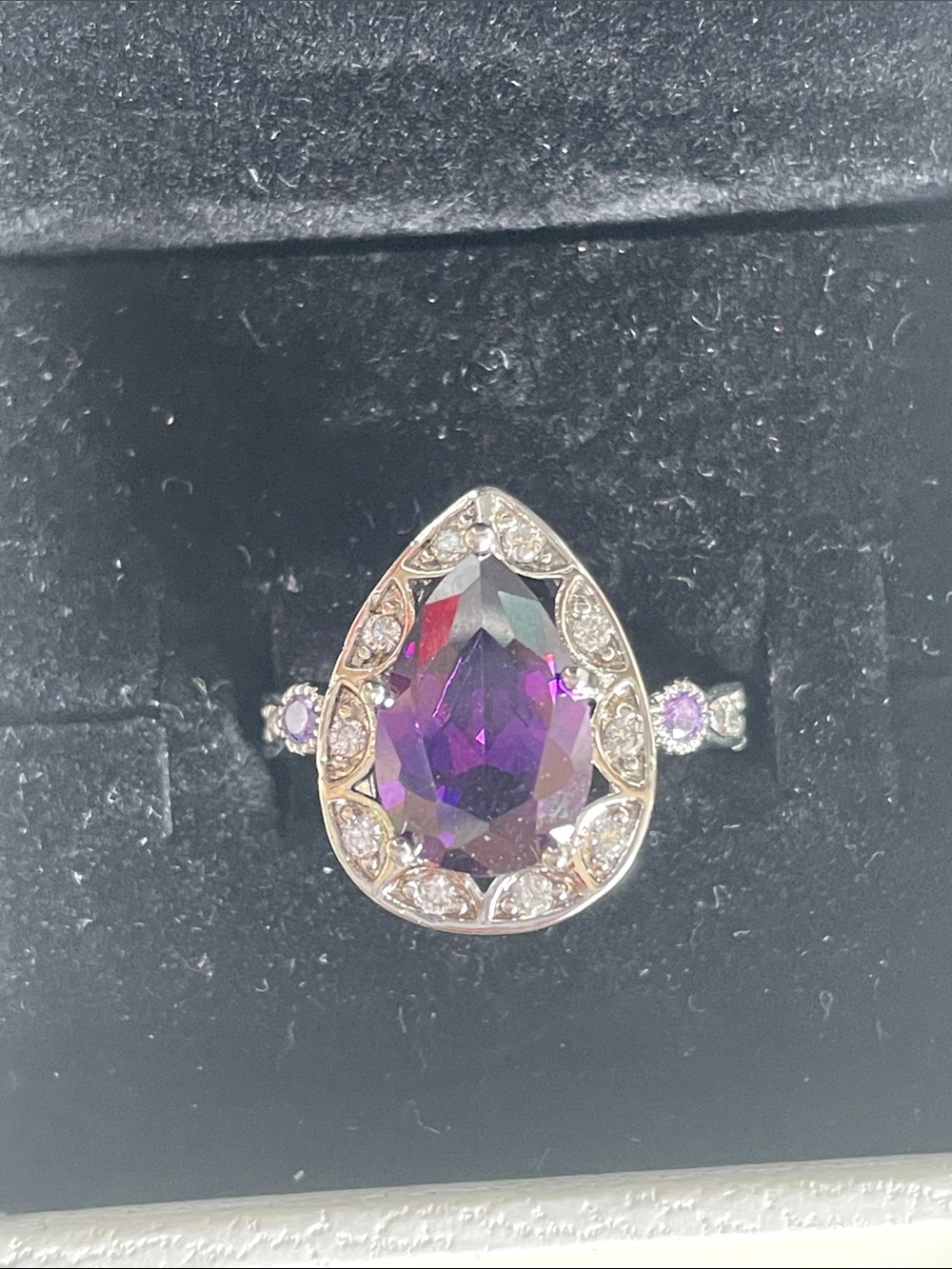 Sterling Silver Pear-Cut Amethyst Halo Ring - Purple